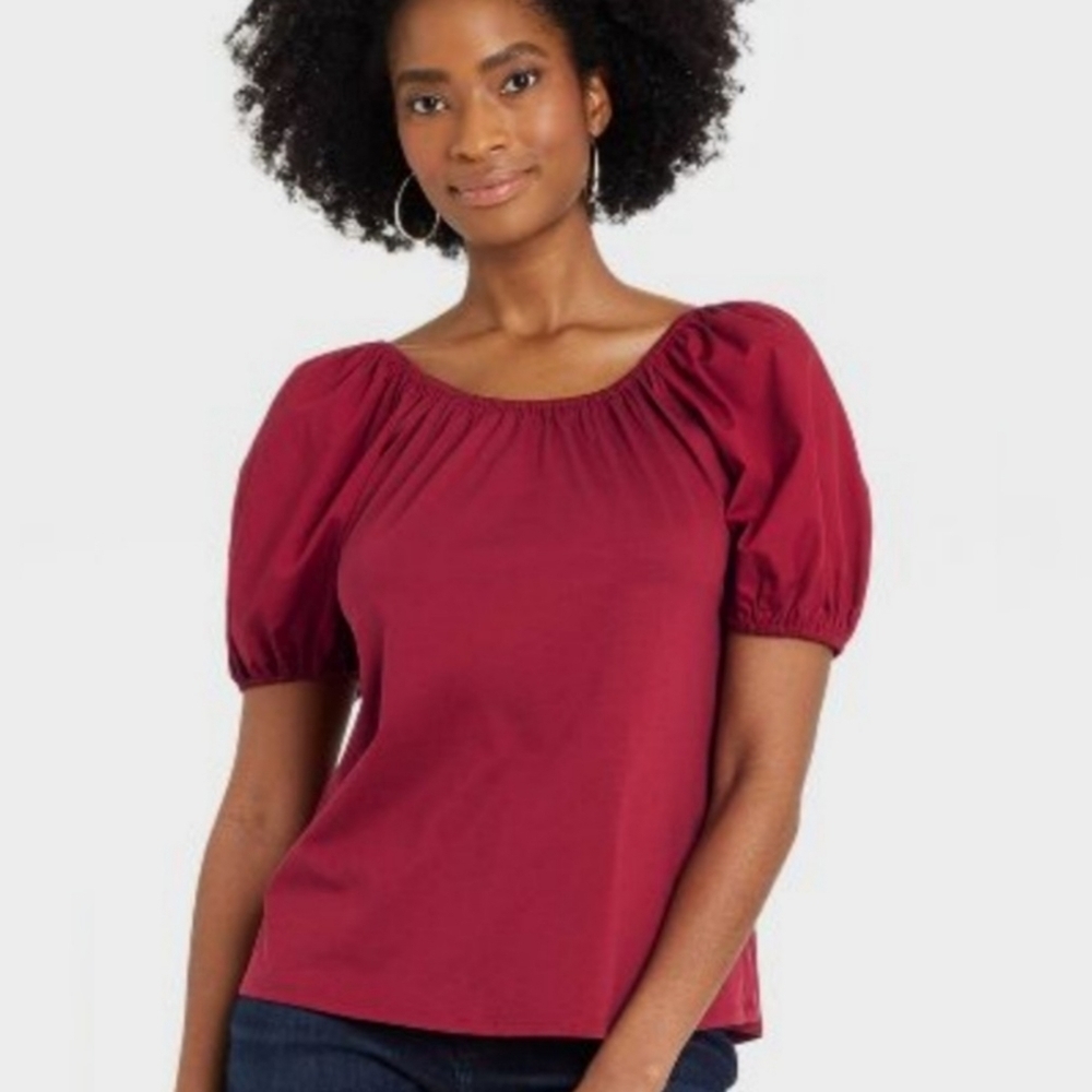 A New Day Puff Short Sleeve Tie Back top Red Size S
